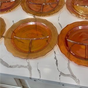 6 Federal Glass Normandie marigold iridescent carnival glass plates.